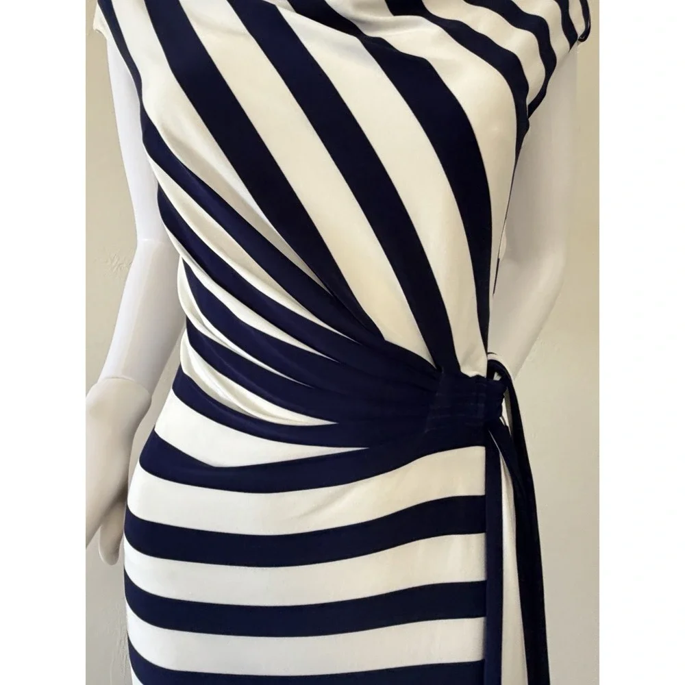 Ralph Lauren Striped Sheath Dress Side Tie Navy White Size 4 - Picture 4 of 15